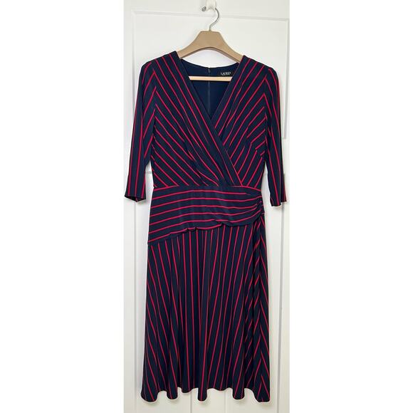 Lauren Ralph Lauren‎ Striped Jersey Dress Size 12 Navy Red - Picture 1 of 10